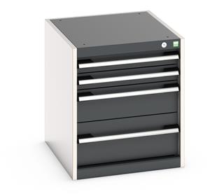 Cabinet consists of 2 x 75mm, 1 x 150mm and 1 x 200mm high drawers 100% extension drawer with internal dimensions of 400mm wide x 525mm deep. The drawers have a U.D.L of 75kg (when approaching high weight loads it is suggested to fix the cabinet Bott Cubio Drawer Cabinets 525 x 650 Engineering tool storage cabinets